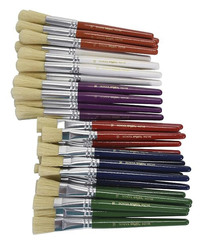 School Smart Stubby Ox Hair Paint Brushes for School and Arts and Crafts Use, Assorted Colors and Sizes, Bulk Set of 36