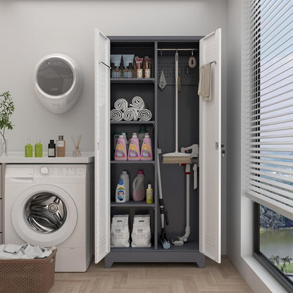 GREATMEET 72.8" H Metal Garage Storage Cabinets with Lock Door and Adjustable Shelves,Grey&White Broom Closet Storage Cabinet for Cleaning Supplies, Utility Closet for Garage, Bathroom,Kitchen,Home