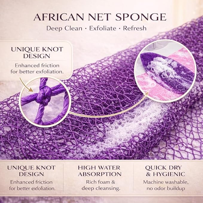 African Net Sponge Authentic, 6 Pieces African Exfoliating Net Sponge Body Back Scrubber Exfoliating Washcloth for Shower Bath for All Types Skin (Black+Purple+Pink+Blue+Olive Green+Gold, 6 Pcs)