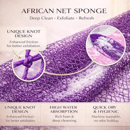 African Net Sponge Authentic, 3 Pieces African Exfoliating Net Sponge Body Back Scrubber Exfoliating Washcloth for Shower Bath for All Types (Pink+Purple+Green, 3 Pcs)
