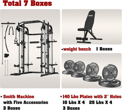 Smith Machine, Multifunctional Power Cage Rack with Smith Bar and Cable Pulley System, and LAT Pull Down Machine for Home Gym…