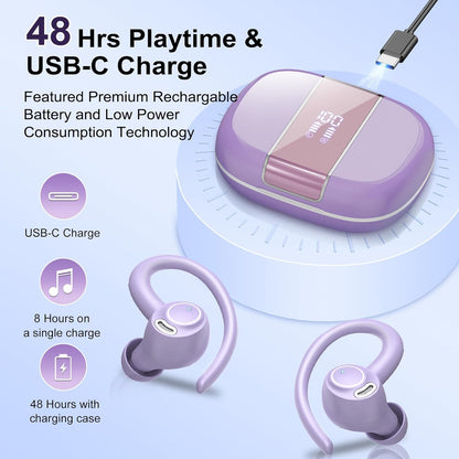Wireless Earbuds Bluetooth 5.3 Headphones Sports, 48Hrs Playtime Bluetooth Earbuds with CVC 8.0 Mic, Stereo Bass Over Ear Bud with Earhooks, LED Display, IP7 Waterproof Earphon for Running Purple