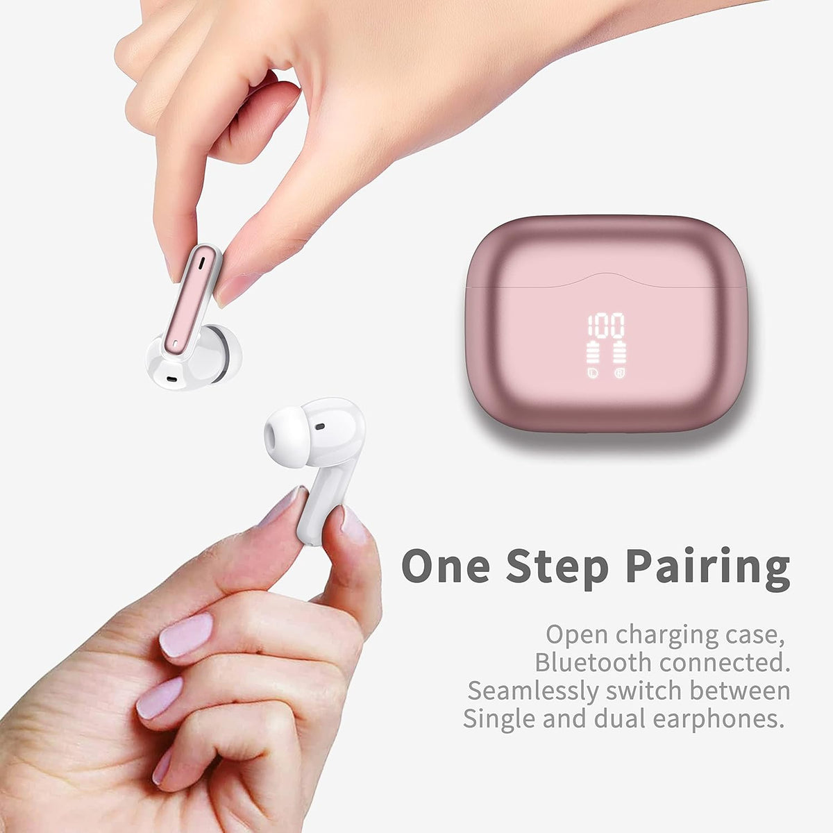 Wireless Earbuds, Bluetooth 5.4 Headphones in Ear with 4 ENC Noise Cancelling Mic, New Wireless Earphones HiFi Stereo Deep Bass 40H Playtime, In-Ear Bluetooth Earbuds LED Display IP7, USB-C, Rose Gold