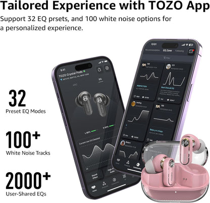 TOZO Crystal Pods Hybrid Active Noise Cancelling Wireless Earbuds, 10mm Drivers Deep Bass Stereo Sound, 4 Mics Smart ENC AI Calls, 32 EQ via App, Bluetooth 5.4 Headphones, Crystal Case Design