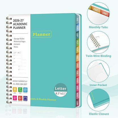 Planner 2026-2027, Academic Weekly and Monthly Calendar Planner, July 2026 - June 2027, Hardcover Spiral Agenda Book, School Supplies for Teacher Student - Letter Size(8.5" x 11")