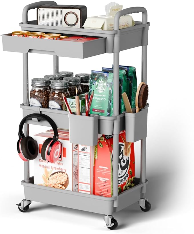 Sorgion 3 Tier Rolling Cart Organizer,Laundry Room Bathroom Organizers and Storage Office Shelves Mobile Shelving Unit Kitchen Trolley Cart with Wheels for Art,Craft,Diaper,Bedside,Snack(Grey)
