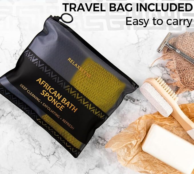 African Net Sponge Black and AntiGolden - 2 Pieces Authentic African Bath Sponges with Knots - Exfoliating Body Scrubber for Men - Back Scrub Exfoliator for Shower Bathroom Accessories