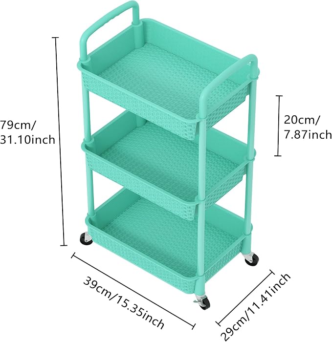 MOYIPIN 3-Tier Plastic Rolling Utility Cart with Handle,Utility Storage Cart for Office, Living Room, Kitchen,Movable Storage Organizer Shelves,Turquoise