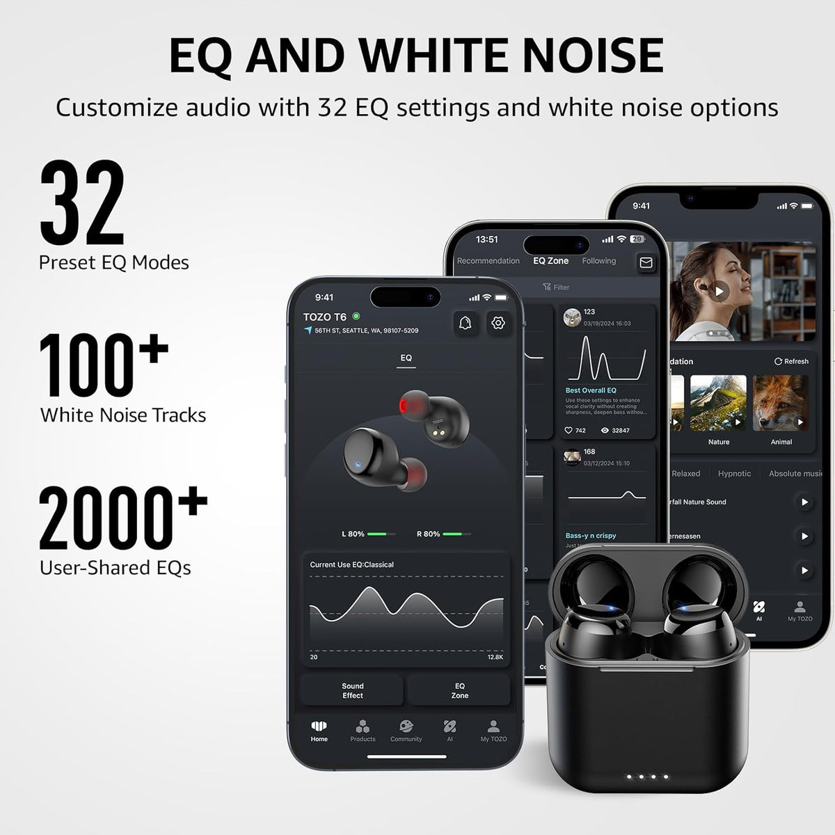 TOZO T6 Wireless Earbuds, IPX8 Waterproof Ear Buds, Stereo Bass Sound Bluetooth 5.3 Headphones in Ear, 50 Hours Playtime Earphones, Wireless Charging Case, Custom 32 EQ via APP