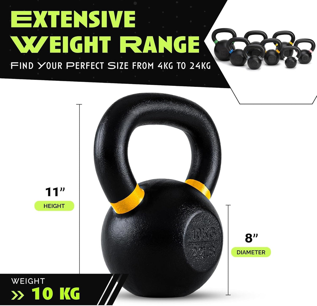 Single Cast Iron Kettlebell | Powder Coated - Wide Handle Weights for Core & Glute Workouts; Swings, Squats, Deadlifts; Strength, Endurance & Flexibility for Men & Women