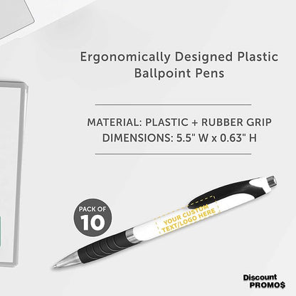 DISCOUNT PROMOS Ballpoint Pens With Rubber Grip - 10 pack - Customizable Text, Logo - Black Ink Ball Point Pen with Soft Touch Plastic - White