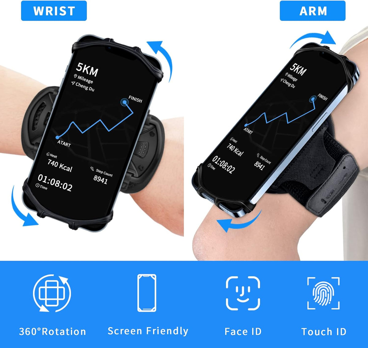 Wristband Phone Holder for Running, 360°Rotation & Detachable Sports Armband with Key Holder for iPhone 16/15/14/13/12/11/Pro/XS/XR/X/8/7/6/Plus, for Samsung Galaxy, Fits 4''-6.5''Phone