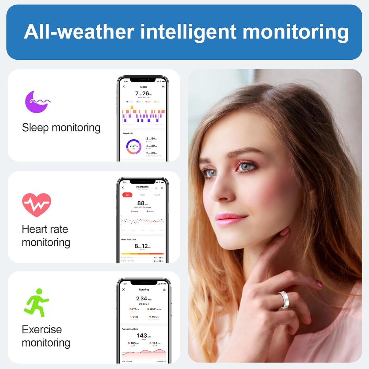 Health Tracker Smart Ring for Men Women-IP68 Waterproof Sleep Tracker with Heart Rate/Blood Pressure/Blood/Physiological Cycle/Oxygen Tracking, Step Counter, iOS & Android Compatible (7#)