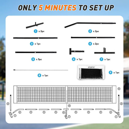SPORTIC 22FT Pickleball Net Set – Regulation Size Portable Net with Carry Bag, Court Markers, Quick Setup Steel Frame for Driveway, Backyard, Indoor & Outdoor