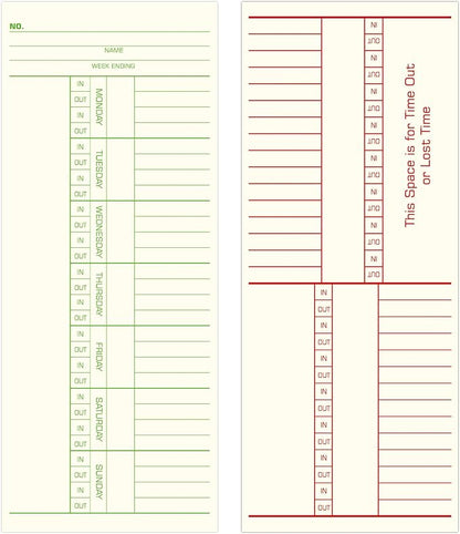 Weekly Time Cards 2-Sided, 3-3/8" x 8-1/4, Named Days, 100-Count,Time Cards for Employees, Green Print, Timecards for Time Clocks