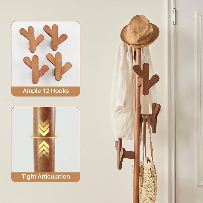 Uniclinens Solid Wood Coat Rack Freestanding with Umbrella Holder, Tree Coat Rack Stand with Lockable Universal Casters & 12 Hooks for Entryway Bedroom, Walnut