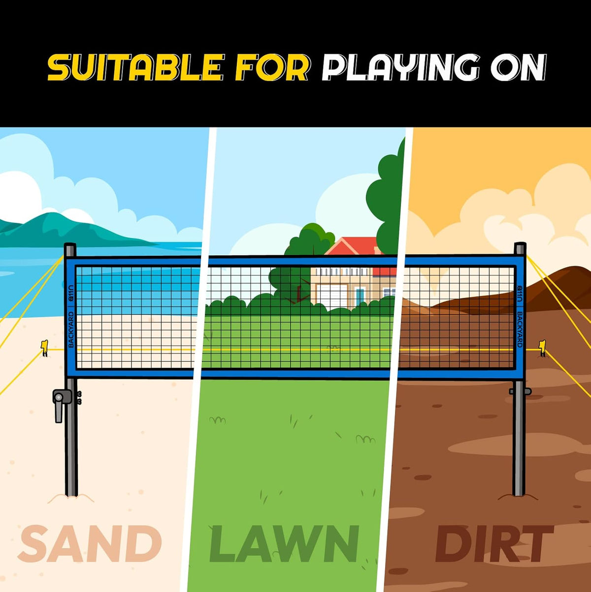A11N Outdoor Volleyball and Badminton Combo Set - Includes Adjustable Height Anti-Sag Net, Volleyball, Air Pump, 4 Badminton Rackets, 2 Shuttlecocks, Boundary Line Marker, and Carrying Bag