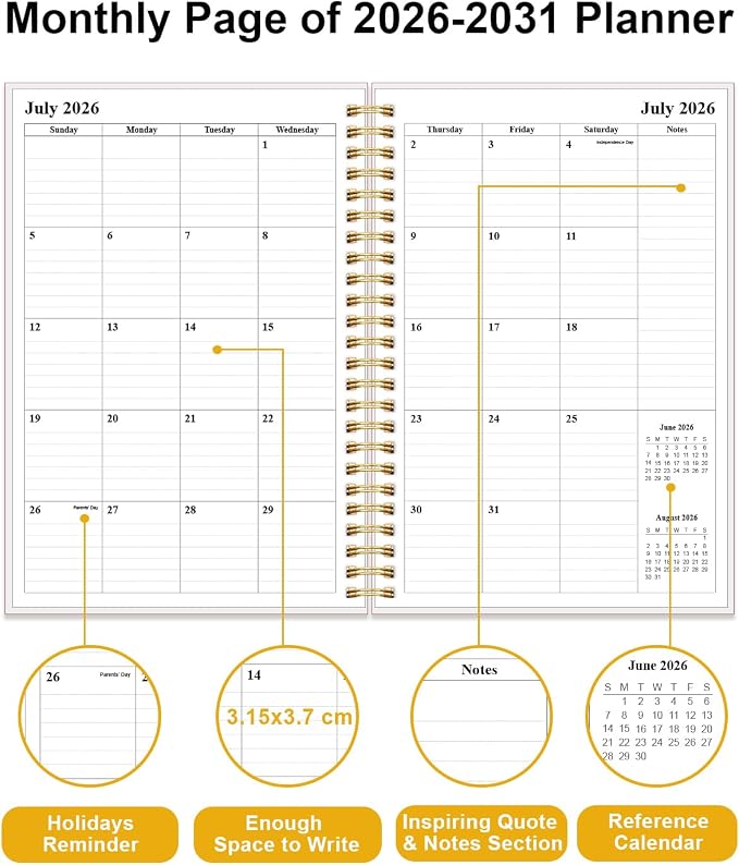 2026-2031 Monthly Planner - 60 Month PLanner Calendar from July 2026 to June 2031, 5 Year Planner 2026-2031 with Flexible Cover, Inner Pocket, Perfect for Home | School | Office, 5.8" x 8.5", Green Leaf