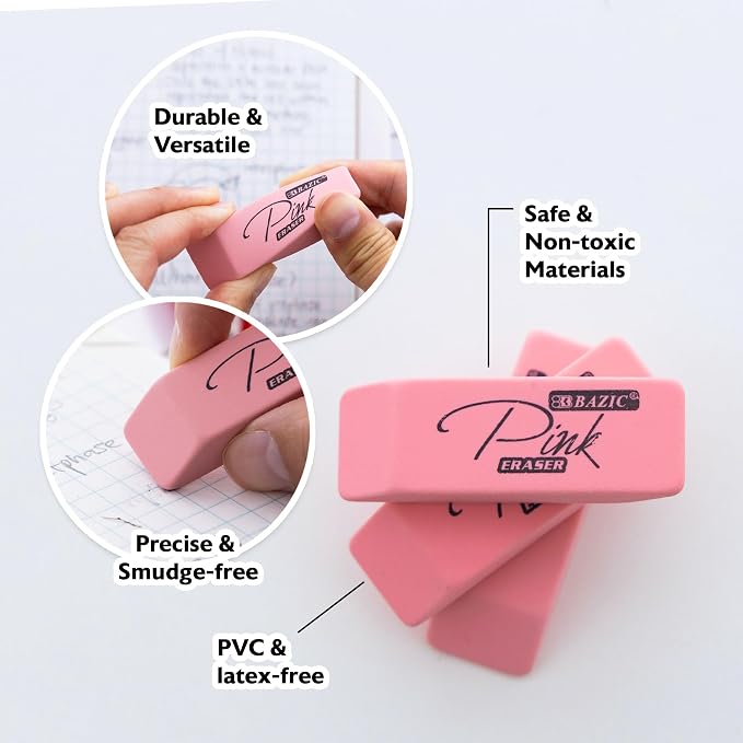 BAZIC Products Pink Bevel Block Erasers, Latex-Free, PVC-Free, 12 Count