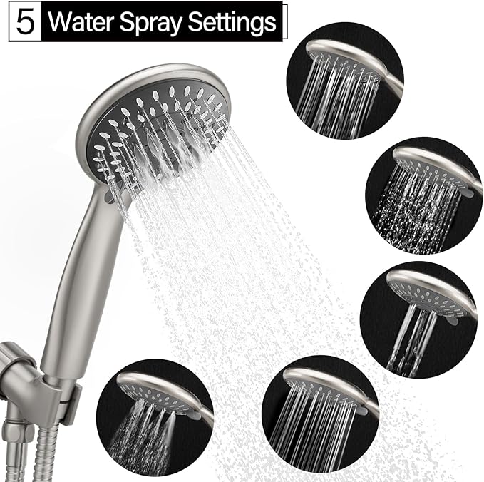 Briout Shower Head with Handheld, 5-Settings Showerhead High Pressure Powerful Water Spray Shower Head Set with 59 Inch Stainless Steel Hose and Bracket, Brushed Nickel
