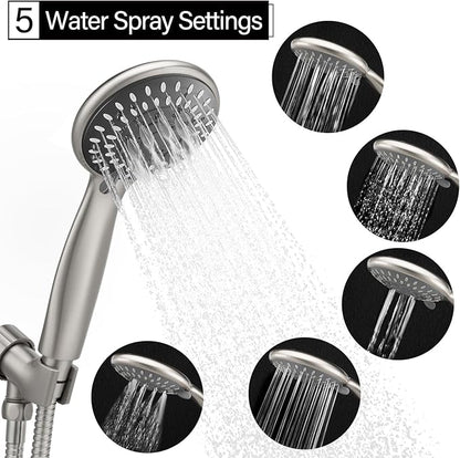 Briout Shower Head with Handheld, 5-Settings Showerhead High Pressure Powerful Water Spray Shower Head Set with 59 Inch Stainless Steel Hose and Bracket, Brushed Nickel