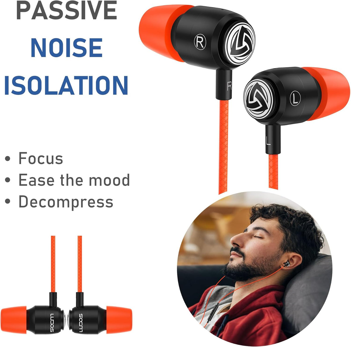 LUDOS Clamor Wired Earbuds in-Ear Headphones, 5 Years Warranty, Earphones with Microphone, Noise Isolating Ear Buds, Memory Foam for iPhone, Samsung, School Students, Kids, Women, Small Ears - Coral
