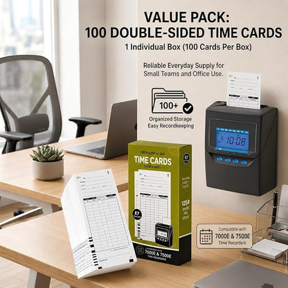 100 Time Cards Compatible with Lathem 7000E and 7500E Time Clocks