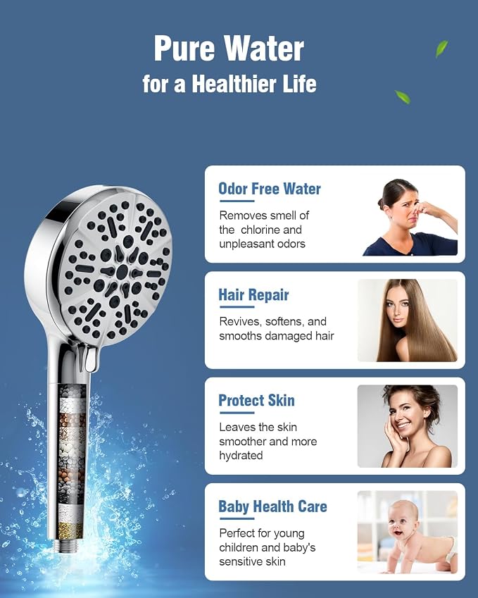 Filtered Shower Head with Handheld, BOWGER 6 Modes High Pressure Shower Heads with Power Wash Mode and Hard Water Filter, Detachable Hand Held Showerhead Set with Extra Long Hose, Chrome