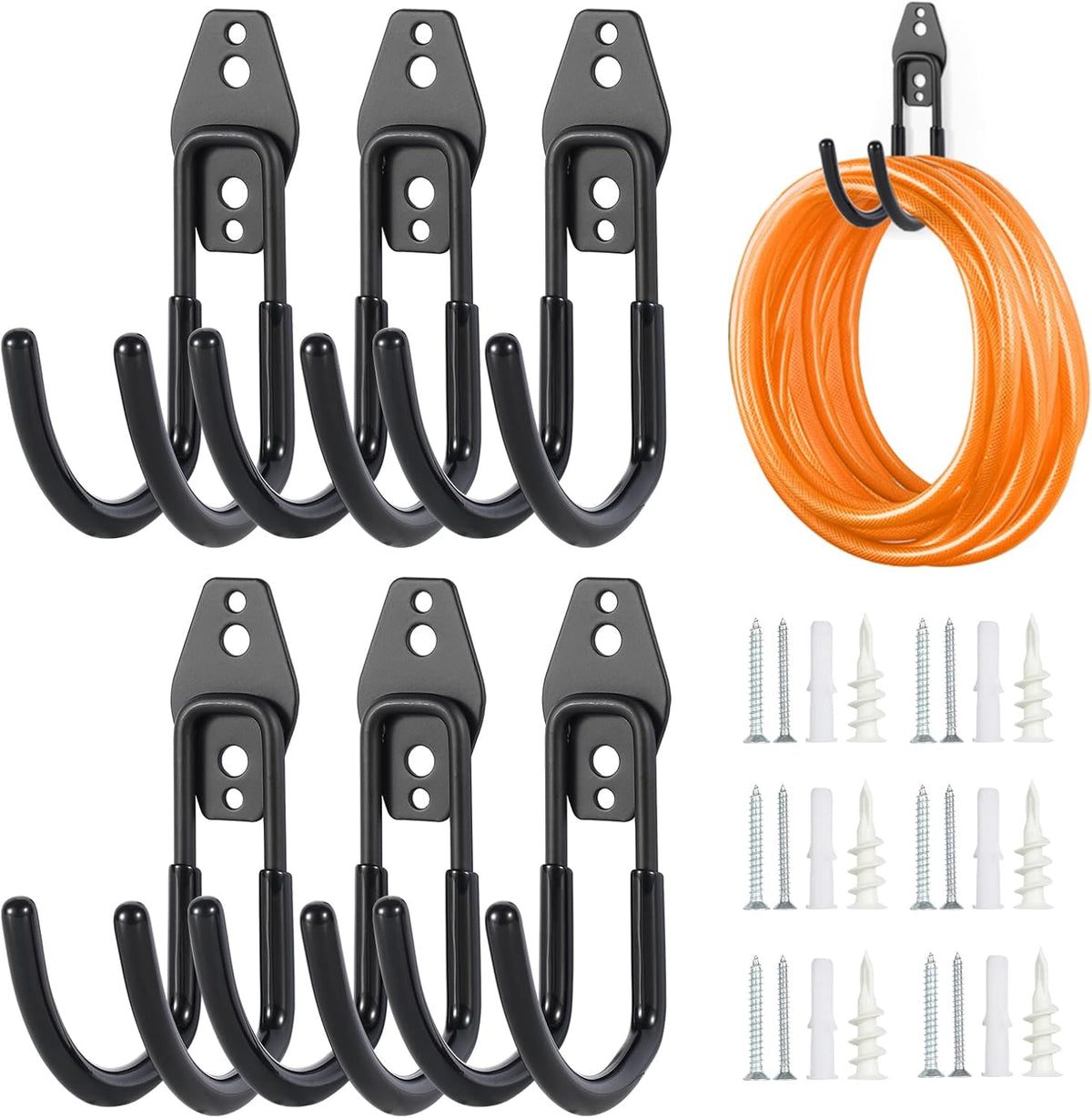 Garage Tool Hooks Wall Mount, 6 Pack Heavy Duty Storage Hooks for Garden Tools, Wall Hooks for Garden Hoses, Brooms, Ladders, Garage Storage and Organization Accessories