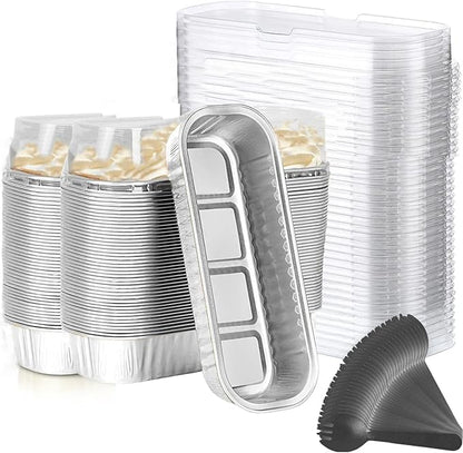 Findful Mini Loaf Baking Pans with Lids And Spoons (100 Pack, 6.8oz) Rectangle Aluminum Foil Baking Pans Tins Containers - Cupcake Containers Wrappers Cheesecake Creme Brulee Ramekins