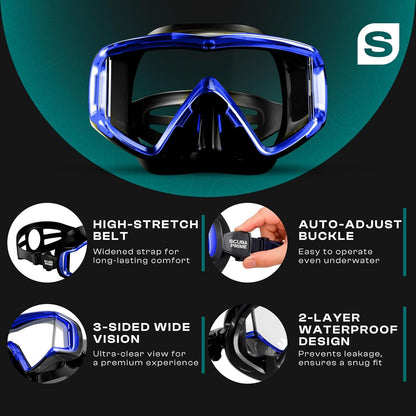 Pano 3 Scuba Diving Mask, Tempered Glass Snorkel Mask Three-Window Scuba Mask No-Leak Dive Mask Silicone Skirt Diving Mask for Snorkeling and Scuba Use