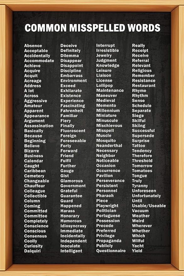 Commonly Misspelled Words Poster Writing Spelling For Middle School Classroom Elementary High Cool Wall Art Print Poster 24x36