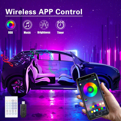 Acrylic Interior Car LED Lights with Wireless APP/Remote/Button Control, 6 in 1 Dreamcolor USB Car Ambient Lighting Kit 16 Million Colors Neon Strip Accessories for Vehicle Inside Decoration