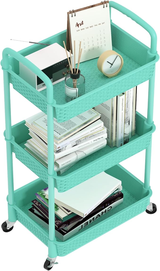 MOYIPIN 3-Tier Plastic Rolling Utility Cart with Handle,Utility Storage Cart for Office, Living Room, Kitchen,Movable Storage Organizer Shelves,Turquoise