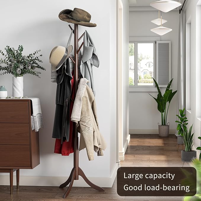 Coat Rack Freestanding, Coat Stands Entryway, Bamboo Coat Rack Hat Hanger 8 Hook for Jacket, Purse, Scarf Rack, Umbrella Tree Stand (Brown)