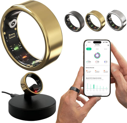 Smart Ring for Women&Men, Activity/Sleep/Fitness/Heart Rate/HRV/Stress/Women's Health Tracker-IP68 Waterproof for iPhone and Android, No Subscription Fee Required (Gold, #7-54.4mm/2.14")