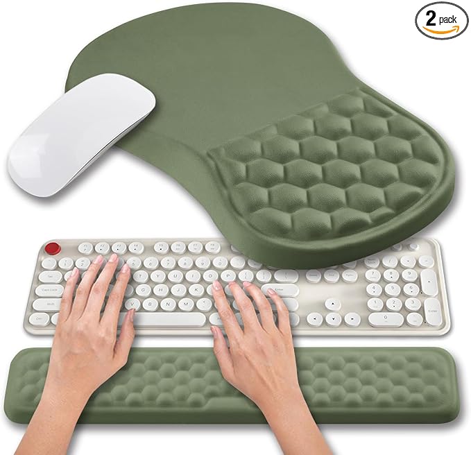 Hokafenle 2 in 1 Ergonomic Mouse Pad Wrist Support & Wrist Rest for Computer Keyboard Set, with Relieve Carpal Tunnel Pain Massage Bulge and Full Memory Gel Design (2In1 Set, Dark Green)