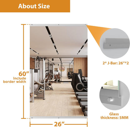 ROOMTEC Workout Mirrors for Home Gym 60"x26", Large Wall Mirror Full Length for Fitness, Yoga, Big Wall Mounted Frameless Glass Mirror for Garage, Dance Studio, Bedroom
