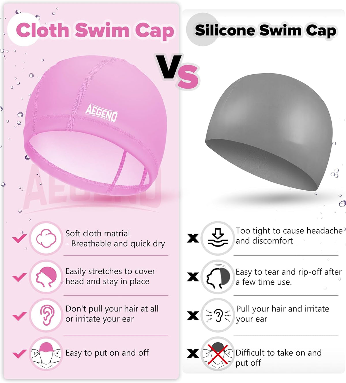 Aegend Fabric Swim Cap, Silicone Waterproof Layer - Breathable Cloth Swimming Cap, Keep Hair Dry with Hight Elasticity for Youth(8-16) Adult, 2 Sizes to Choose