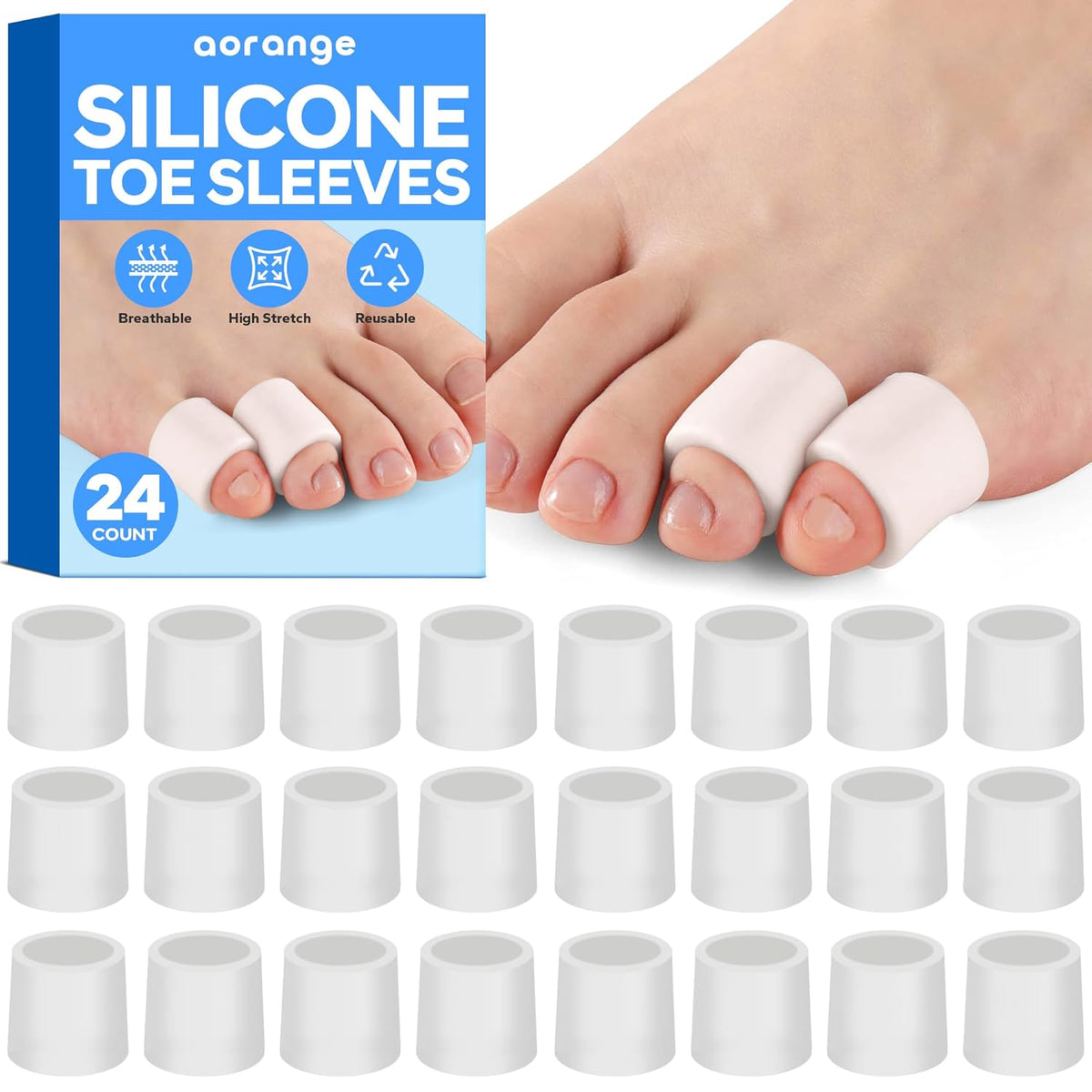 Silicone Toe Sleeves (24 Count), Pain Relief Pinky Toe Protector, Corn Protectors for Toes, Corn Pads for Pinky Toe, Gel Toe Protector for Bunion Blisters, Corns, Hammer Toes, Toenails Loss