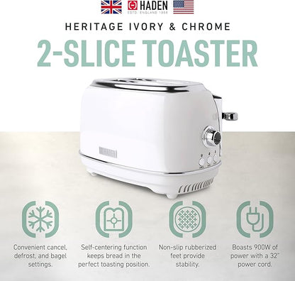 Haden Heritage 2 Slice Wide Slot Stainless Steel Toaster with Adjustable Browning Control & Non-Slip Feet, Ivory & Chrome
