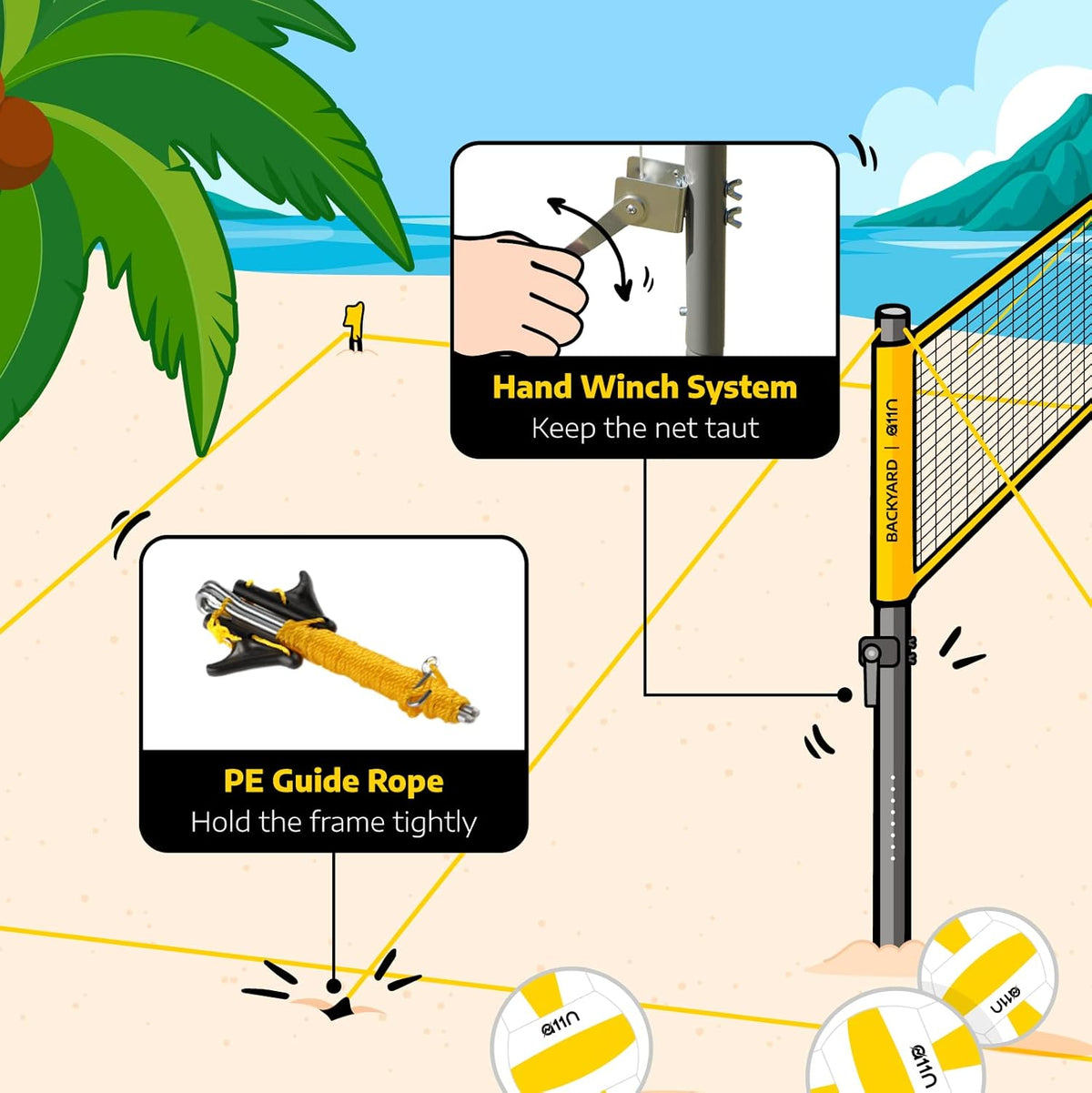 A11N Outdoor Volleyball and Badminton Combo Set - Includes Adjustable Height Anti-Sag Net, Volleyball, Air Pump, 4 Badminton Rackets, 2 Shuttlecocks, Boundary Line Marker, and Carrying Bag