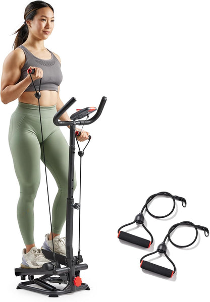 Sunny Health & Fitness Total Body 2-in-1 Smart Stepper Machine for Home with Handlebar and Resistance Bands, Total Body Workout, Adjustable Hydraulic, LCD Monitor, Non-Slip Pedals – 330 LB Max Weight