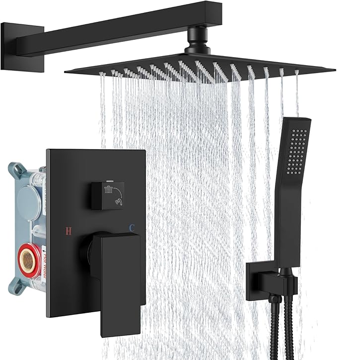 Aolemi Shower Faucet Set Rain Shower System with Handheld Spray Bathroom Shower Combo Rough-in Valve and Shower Trim Kit Included Matte Black 8 Inch Wall Mount Shower Head