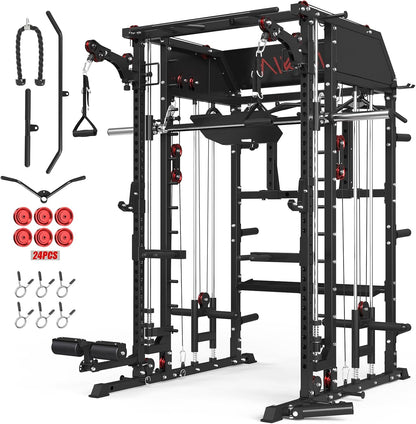 Mikolo Smith Machine, Multi-Function Power Cage with Dual Pulley System, Vertical Leg Press Attachment, Squat Rack Power Rack with More Training Attachment for Home Gym