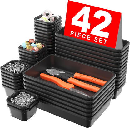 A-LuGei 【42PCS】【Black】 Tool Box Organizer Tray Divider Set, Desk Drawer Organizer, Garage Organization and Storage Toolbox Accessories for Rolling Tool Chest Cart Cabinet Work Bench Small Parts