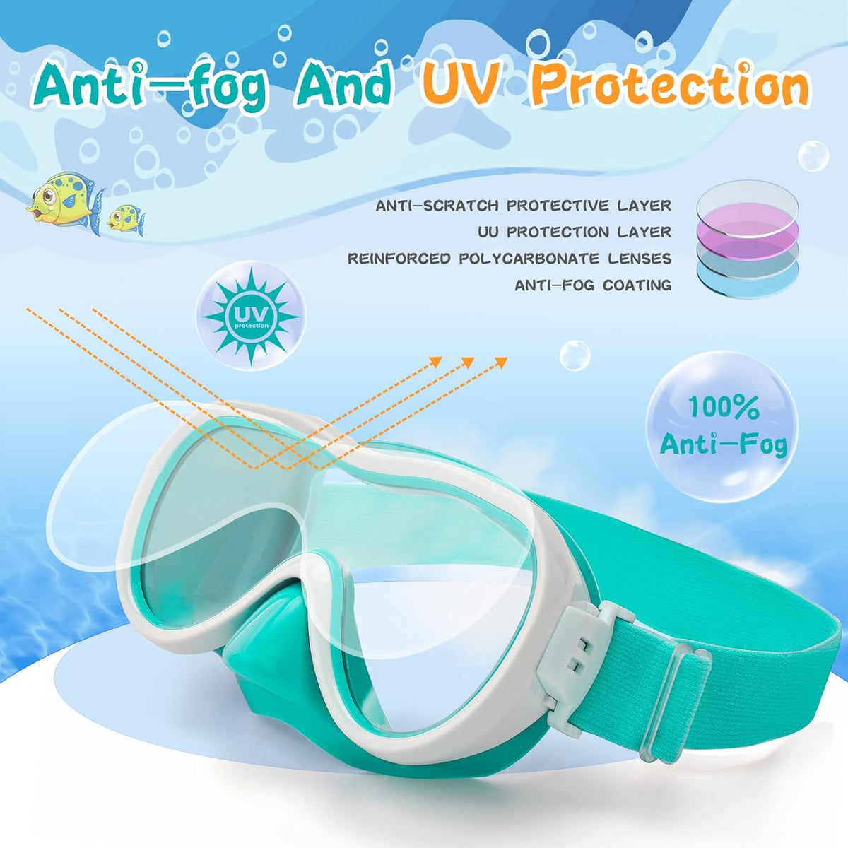 Kids Swim Goggles with Nose Cover, Anti-Leak Swim Mask with Elastic Fabric Strap, UV Protection Swimming Goggles for Kids