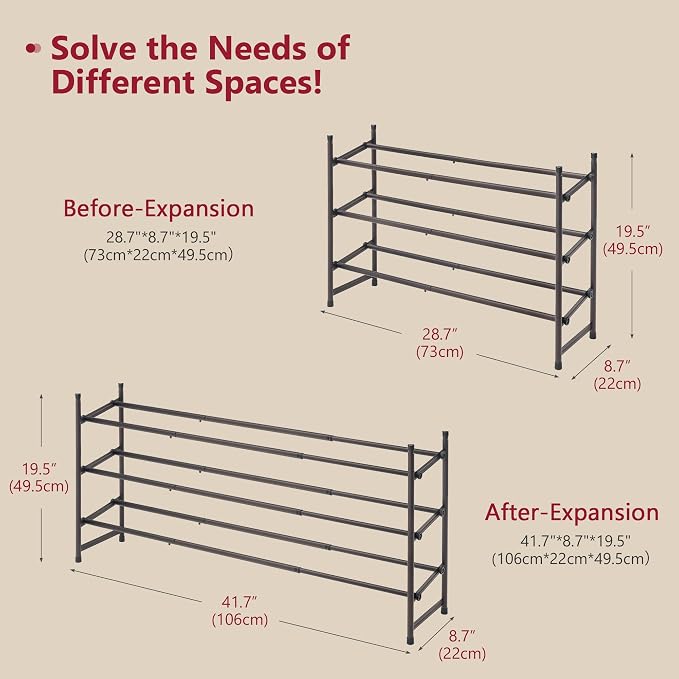 Tajsoon 3 Tier Expandable Shoe Rack for Closet, 28“-41“Adjustable & Stackable Shoe Shelf Storage, Metal Shoe Rack Organizer for Front Door Entrance, Closet, Garage, Entryway, Bronze