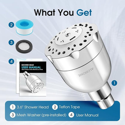 High Pressure Boosting Shower Head, ALOHOME 6 Powerful Spray Settings - Perfect for Low Water Pressure Homes, 3.6" Luxury Modern Chrome Finished Shower Head with 360° Adjustable Brass Ball Joint