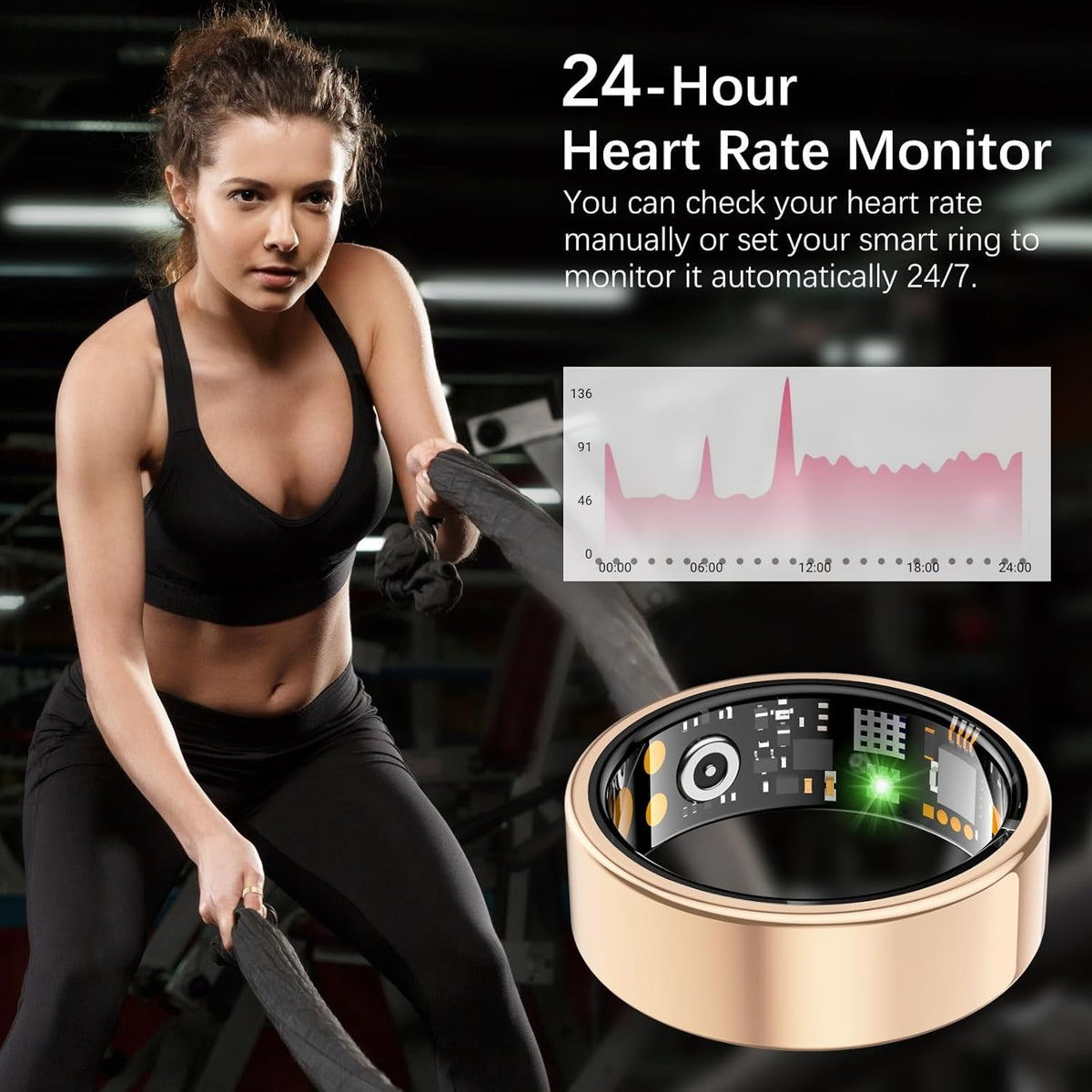 Ring Health Tracker for Women Men, Fit Ring with Heart Rate, Blood Oxygen, Sleep Monitor, Calories, Step Counter, IP68 Waterproof Smart Ring for iPhone & Android, No Subscription Fee (Rose Gold, 9#)